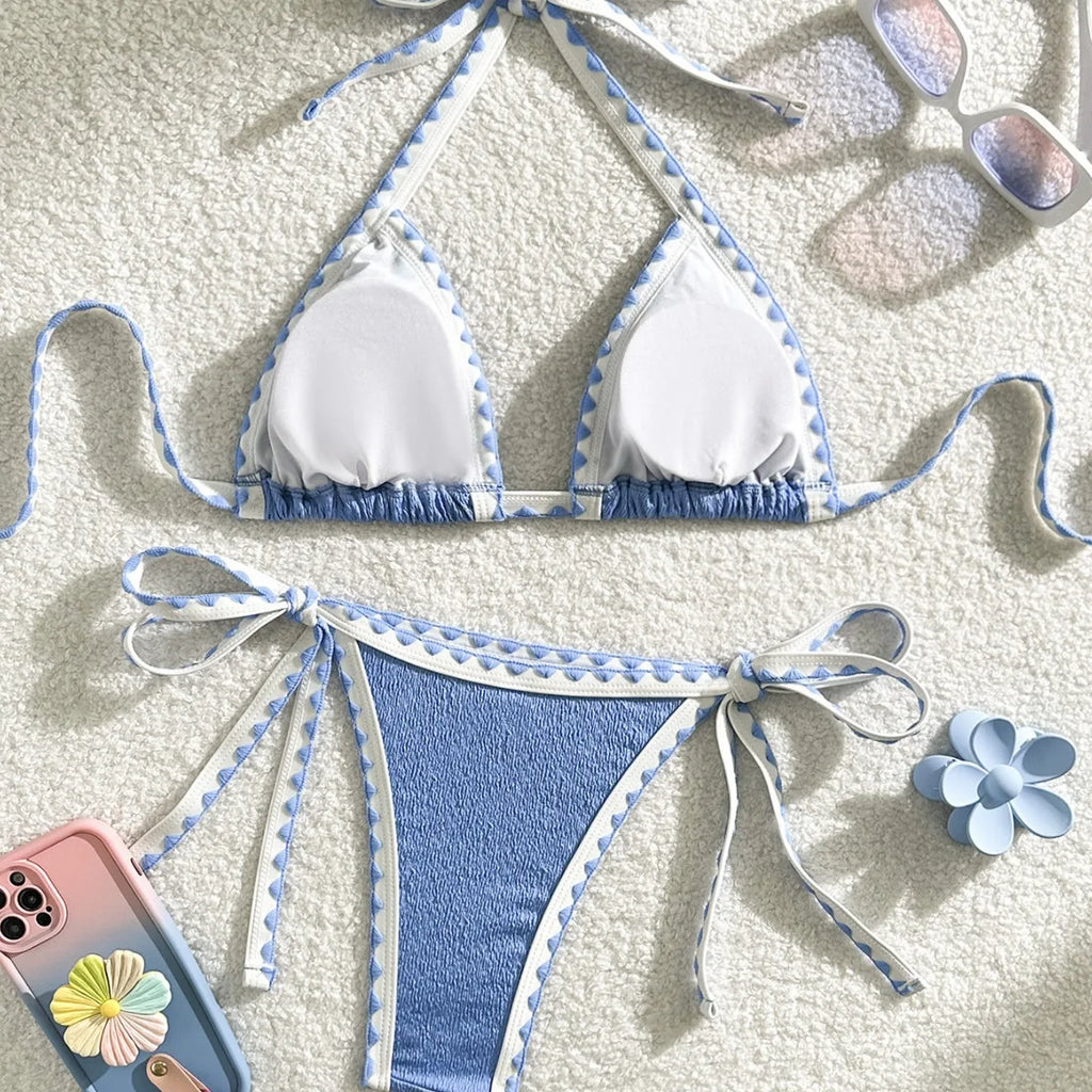 Splicing Wrinkled Pleated Bikinis Set Women Swimwear Two-pieces Bikini Tie Side Thong Bathing Suit Swim Biquine Купальник