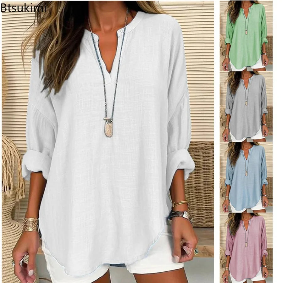 2026 Spring Cotton Linen Women Blouses Solid V-neck Long Sleeve Loose Shirt Female Spring Elegant Casual Trendy Ladies Clothes