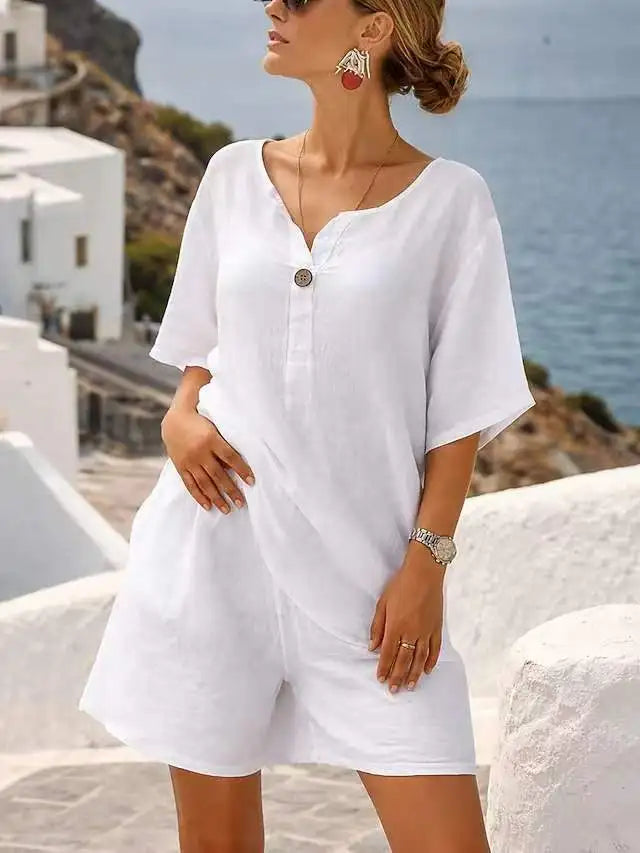 Summer Loose Cotton Linen 2 Piece Set V Neck Short Sleeve Straight Capri Pants Women Beach Vacation Outfit
