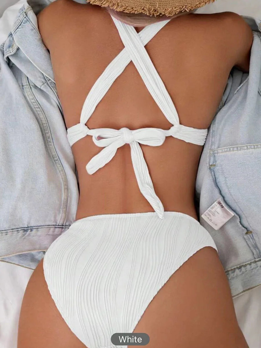Bikinis 2026 Women Cross String High Waist Swimsuit Solid Sexy Swimwear Female Bathers Bathing Swimming Swim Suit Beachwear