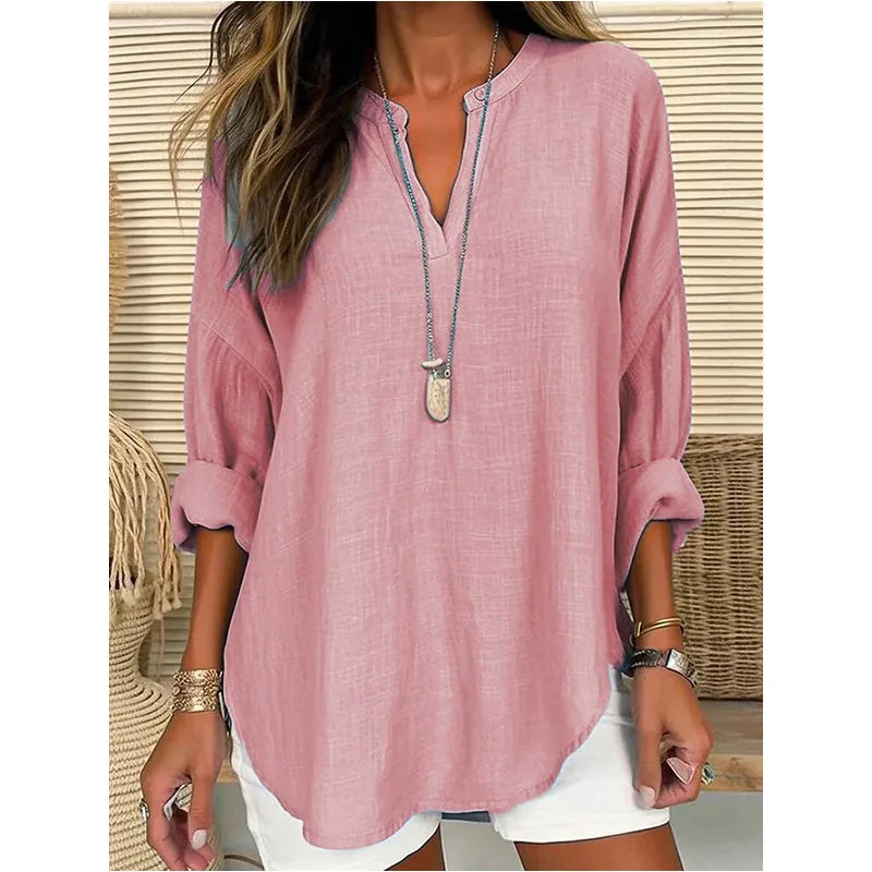 2026 Spring Cotton Linen Women Blouses Solid V-neck Long Sleeve Loose Shirt Female Spring Elegant Casual Trendy Ladies Clothes