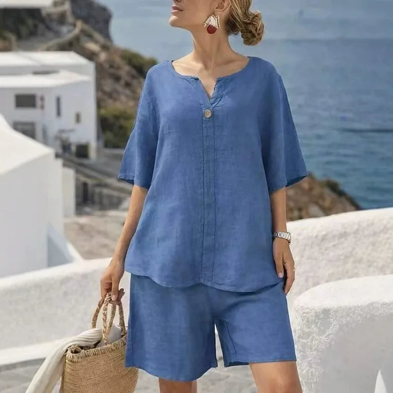 Summer Loose Cotton Linen 2 Piece Set V Neck Short Sleeve Straight Capri Pants Women Beach Vacation Outfit