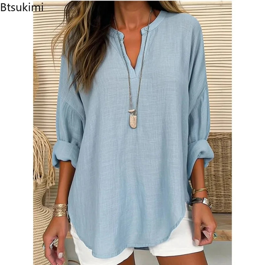 2026 Spring Cotton Linen Women Blouses Solid V-neck Long Sleeve Loose Shirt Female Spring Elegant Casual Trendy Ladies Clothes