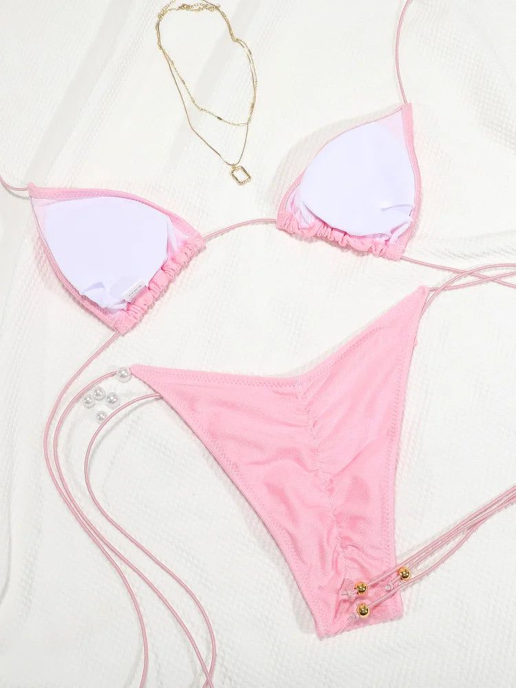 Rinabe Pink Bikini  Bandage Bikinis Triangle Swimsuits String Swimsuit High Cut Swimwear Sexy Bathing Suit Vacation Beachwear