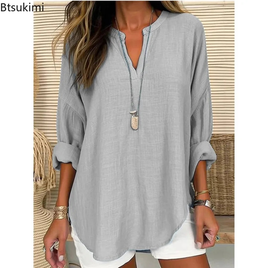 2026 Spring Cotton Linen Women Blouses Solid V-neck Long Sleeve Loose Shirt Female Spring Elegant Casual Trendy Ladies Clothes