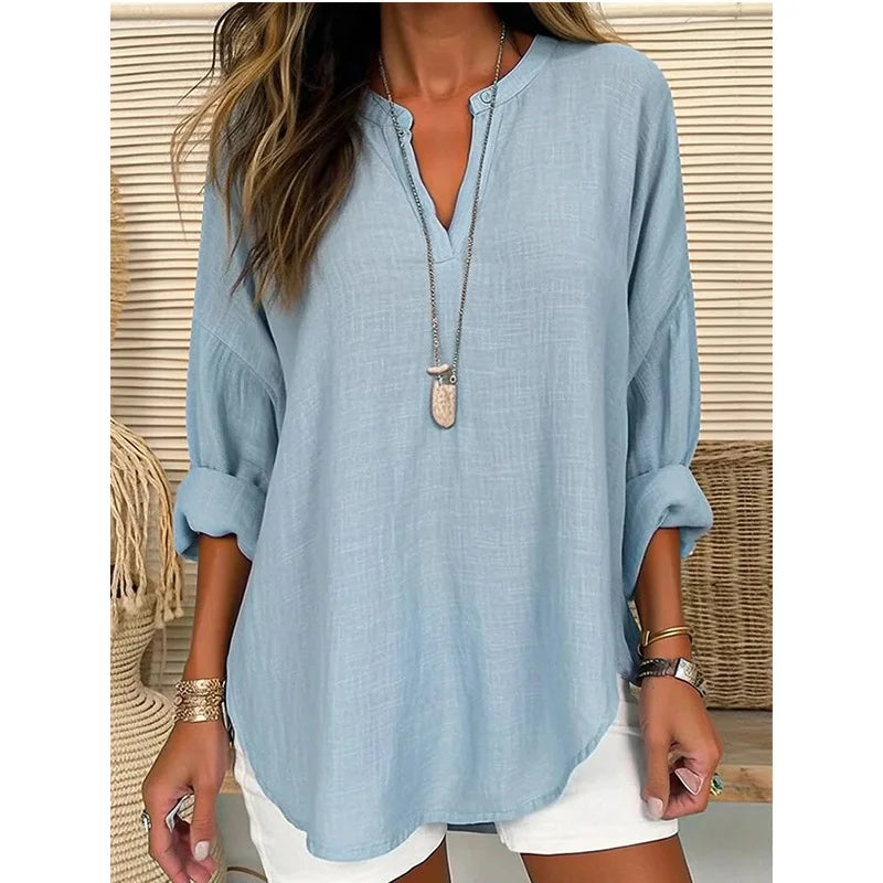 2026 Spring Cotton Linen Women Blouses Solid V-neck Long Sleeve Loose Shirt Female Spring Elegant Casual Trendy Ladies Clothes