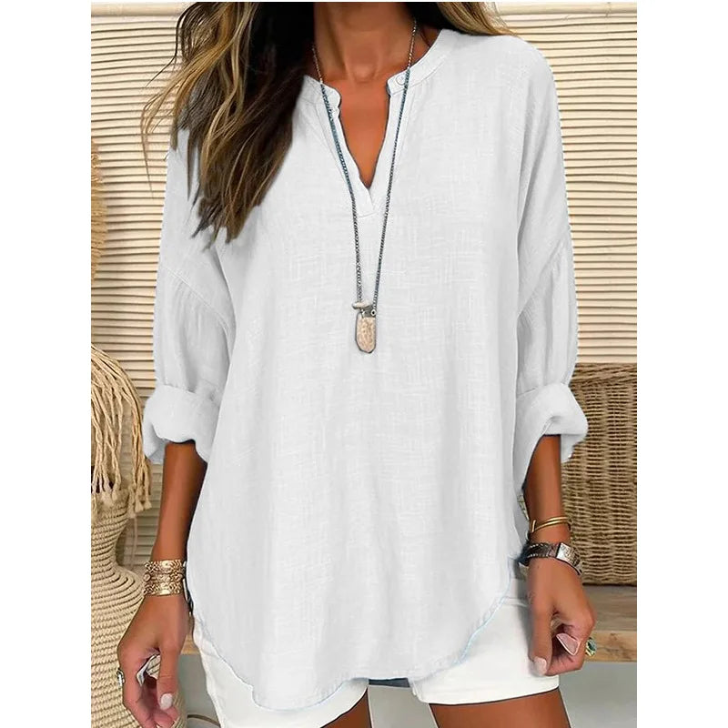 2026 Spring Cotton Linen Women Blouses Solid V-neck Long Sleeve Loose Shirt Female Spring Elegant Casual Trendy Ladies Clothes