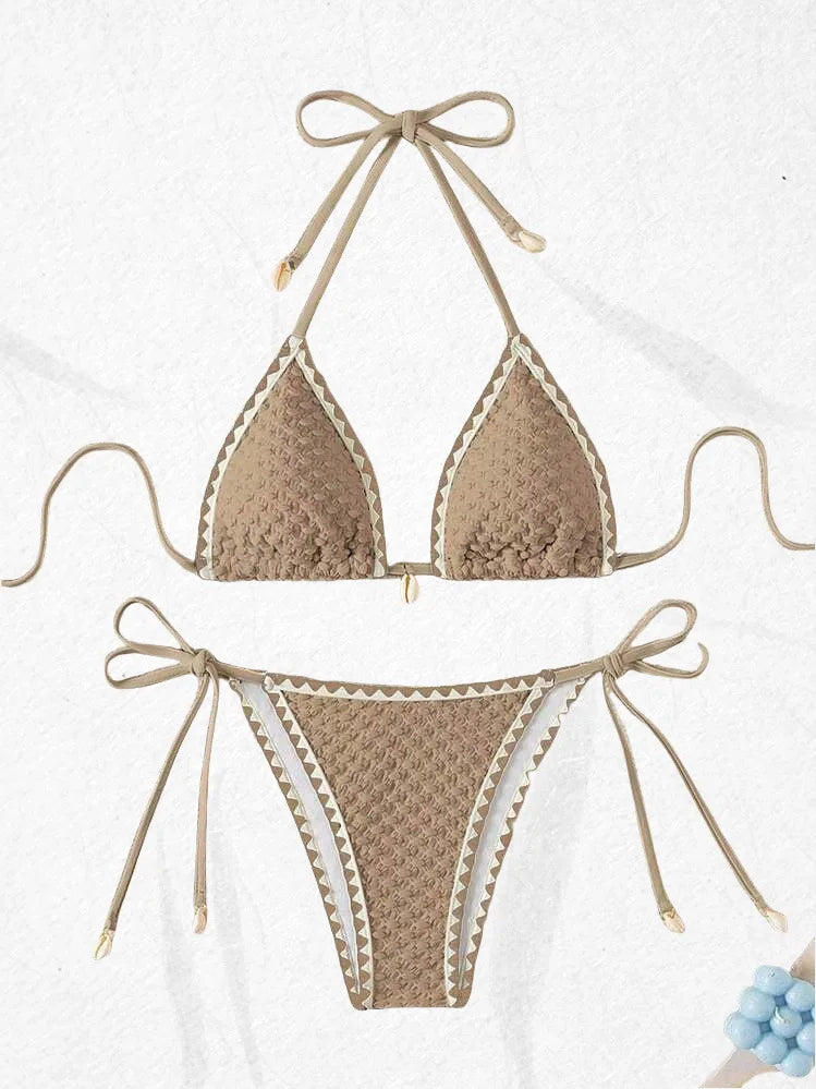 Splicing Wrinkled Pleated Bikinis Set Women Swimwear Two-pieces Bikini Tie Side Thong Bathing Suit Swim Biquine Купальник