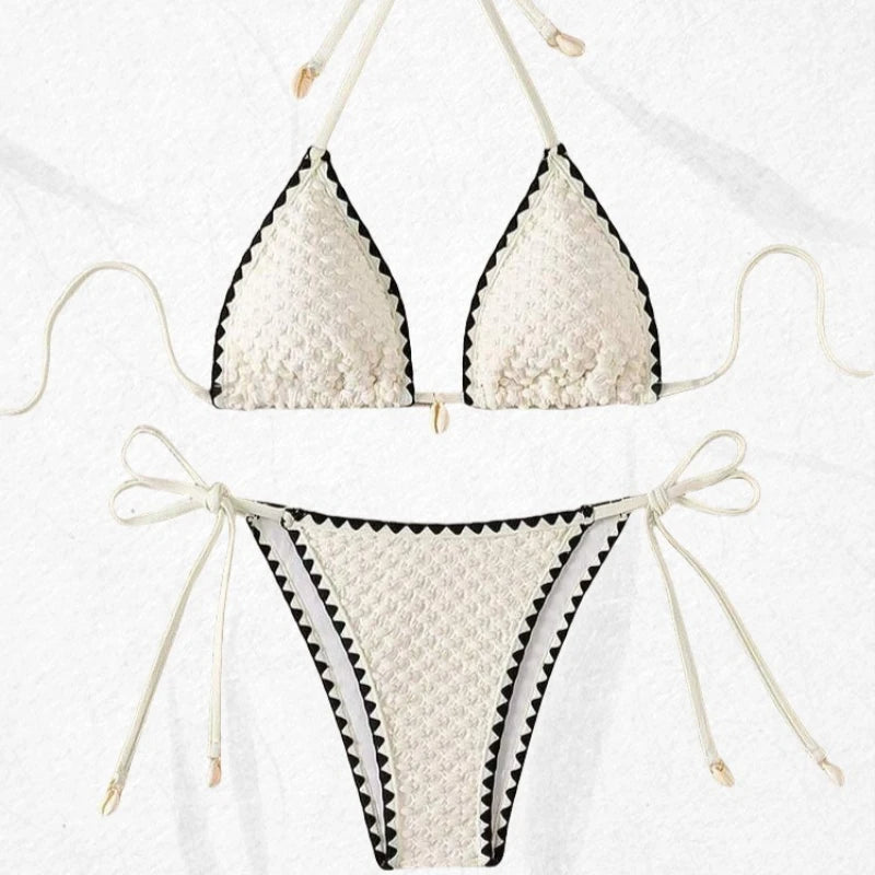 Splicing Wrinkled Pleated Bikinis Set Women Swimwear Two-pieces Bikini Tie Side Thong Bathing Suit Swim Biquine Купальник
