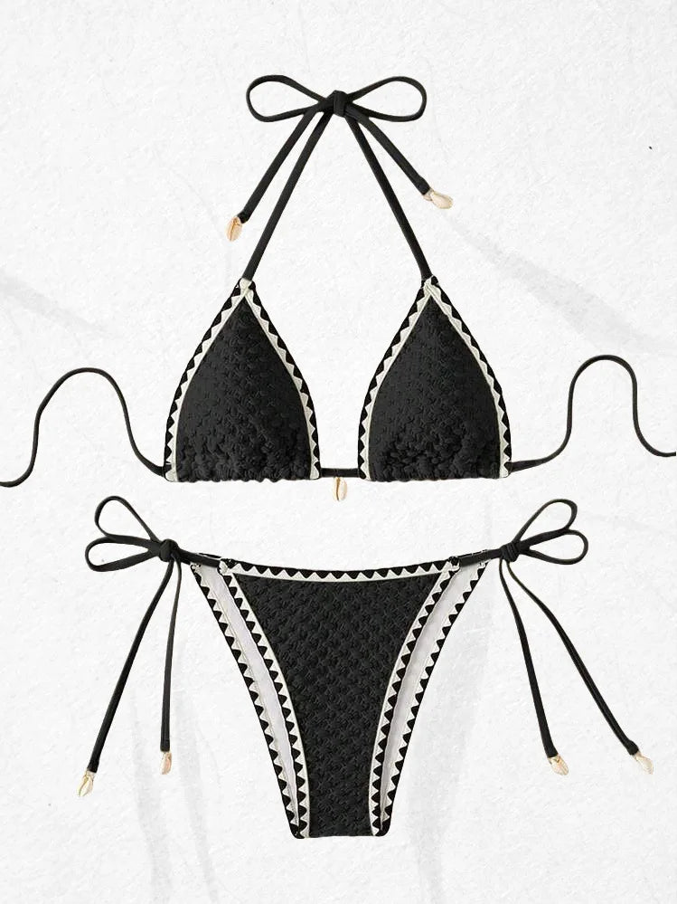Splicing Wrinkled Pleated Bikinis Set Women Swimwear Two-pieces Bikini Tie Side Thong Bathing Suit Swim Biquine Купальник