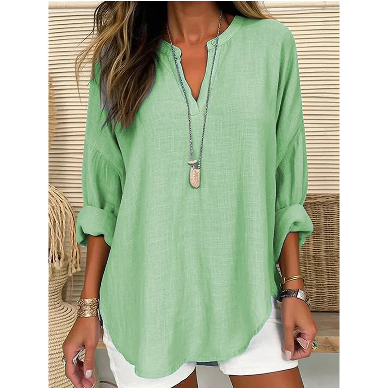 2026 Spring Cotton Linen Women Blouses Solid V-neck Long Sleeve Loose Shirt Female Spring Elegant Casual Trendy Ladies Clothes