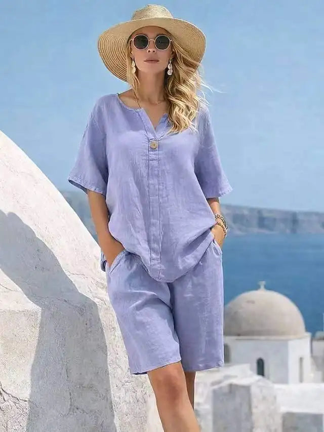 Summer Loose Cotton Linen 2 Piece Set V Neck Short Sleeve Straight Capri Pants Women Beach Vacation Outfit
