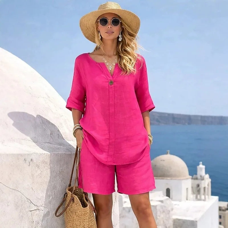 Summer Loose Cotton Linen 2 Piece Set V Neck Short Sleeve Straight Capri Pants Women Beach Vacation Outfit