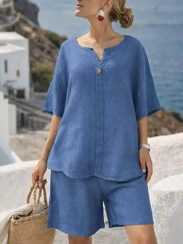 Summer Loose Cotton Linen 2 Piece Set V Neck Short Sleeve Straight Capri Pants Women Beach Vacation Outfit