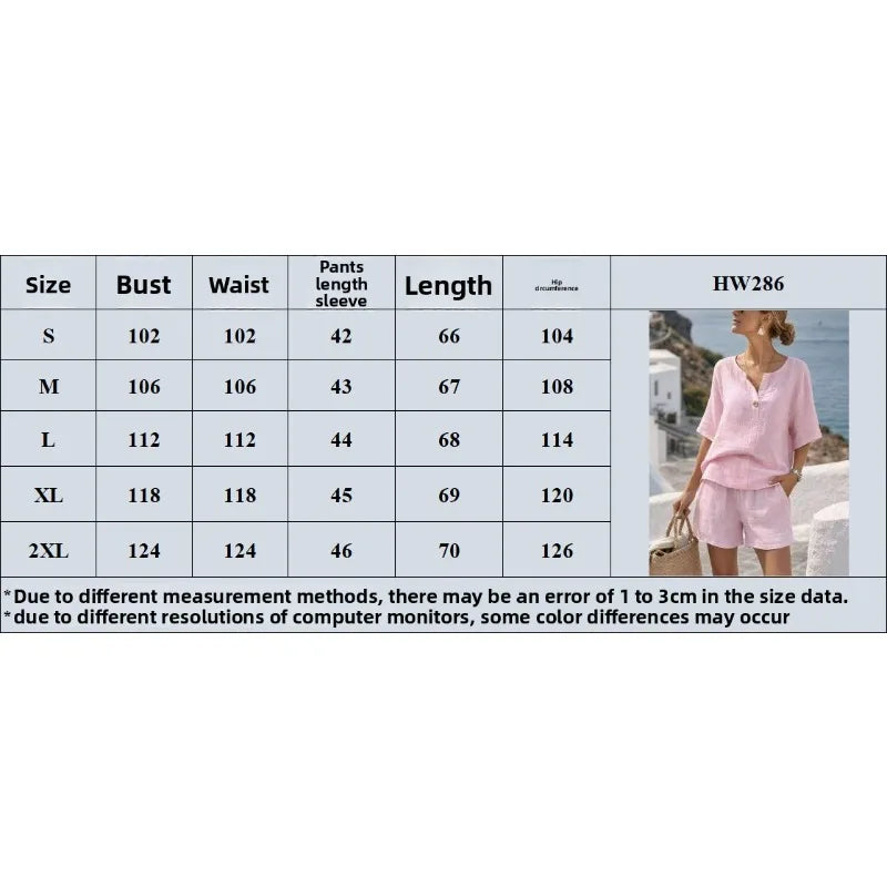 Summer Loose Cotton Linen 2 Piece Set V Neck Short Sleeve Straight Capri Pants Women Beach Vacation Outfit