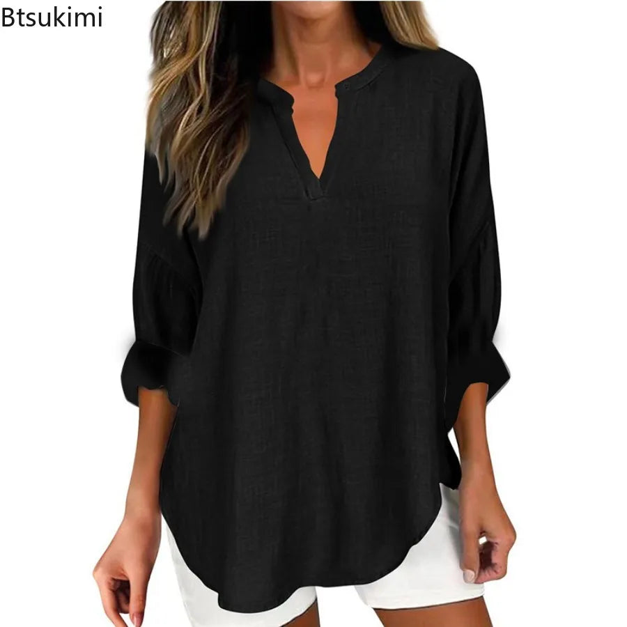2026 Spring Cotton Linen Women Blouses Solid V-neck Long Sleeve Loose Shirt Female Spring Elegant Casual Trendy Ladies Clothes