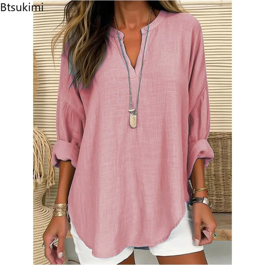 2026 Spring Cotton Linen Women Blouses Solid V-neck Long Sleeve Loose Shirt Female Spring Elegant Casual Trendy Ladies Clothes