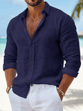 Cotton Linen Hot Sale Men's Long-Sleeved Shirts Summer Solid Color Stand-Up Collar Casual Beach Style Plus Size