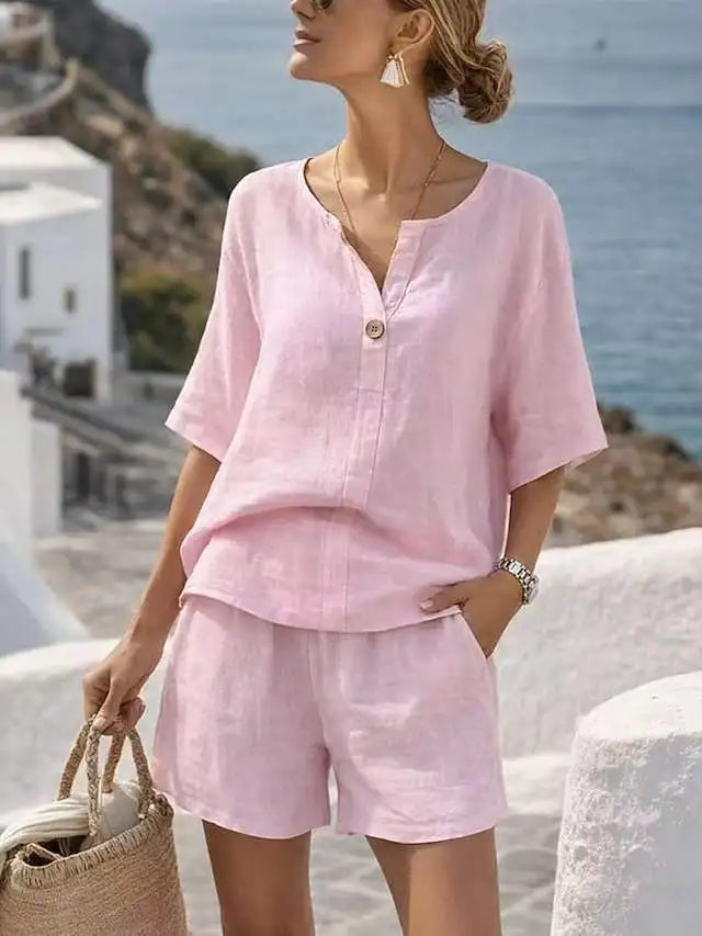 Summer Loose Cotton Linen 2 Piece Set V Neck Short Sleeve Straight Capri Pants Women Beach Vacation Outfit