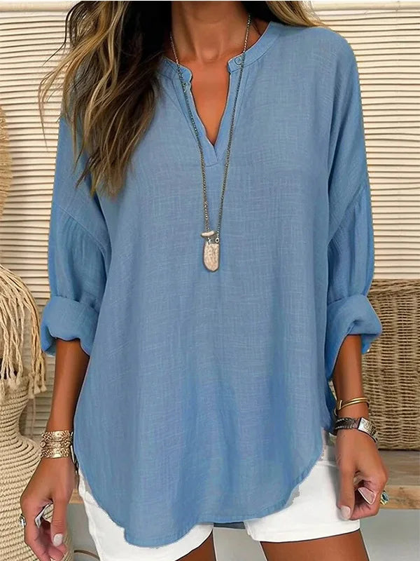 2026 Spring Cotton Linen Women Blouses Solid V-neck Long Sleeve Loose Shirt Female Spring Elegant Casual Trendy Ladies Clothes