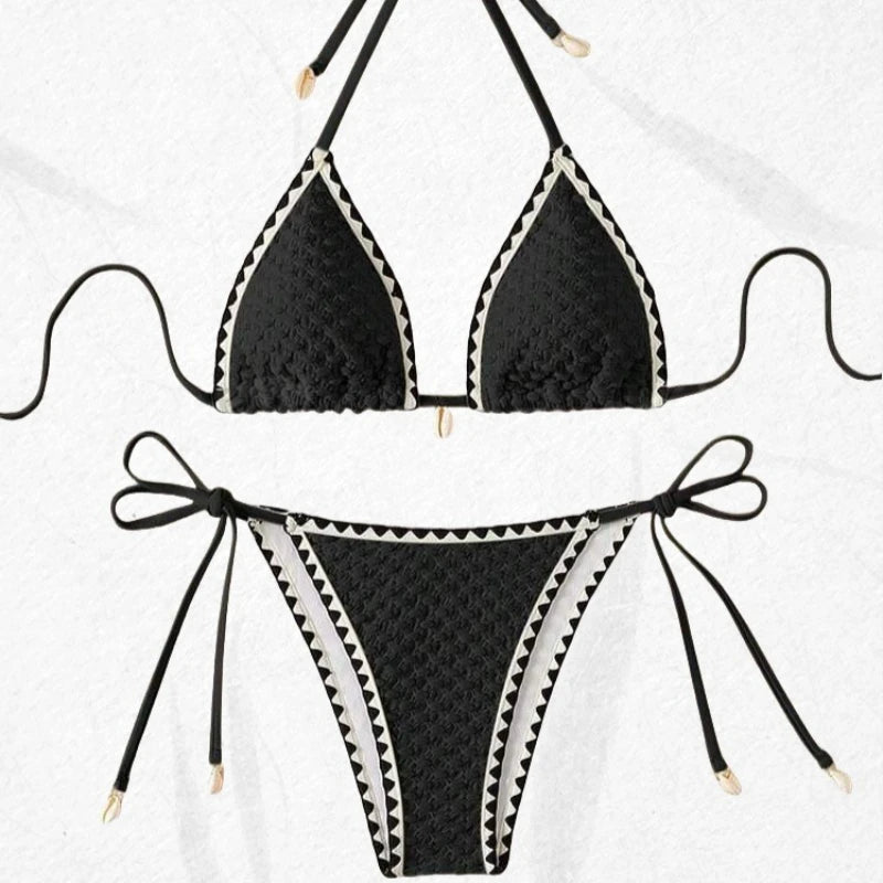 Splicing Wrinkled Pleated Bikinis Set Women Swimwear Two-pieces Bikini Tie Side Thong Bathing Suit Swim Biquine Купальник