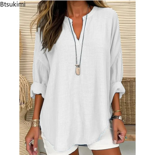 2026 Spring Cotton Linen Women Blouses Solid V-neck Long Sleeve Loose Shirt Female Spring Elegant Casual Trendy Ladies Clothes