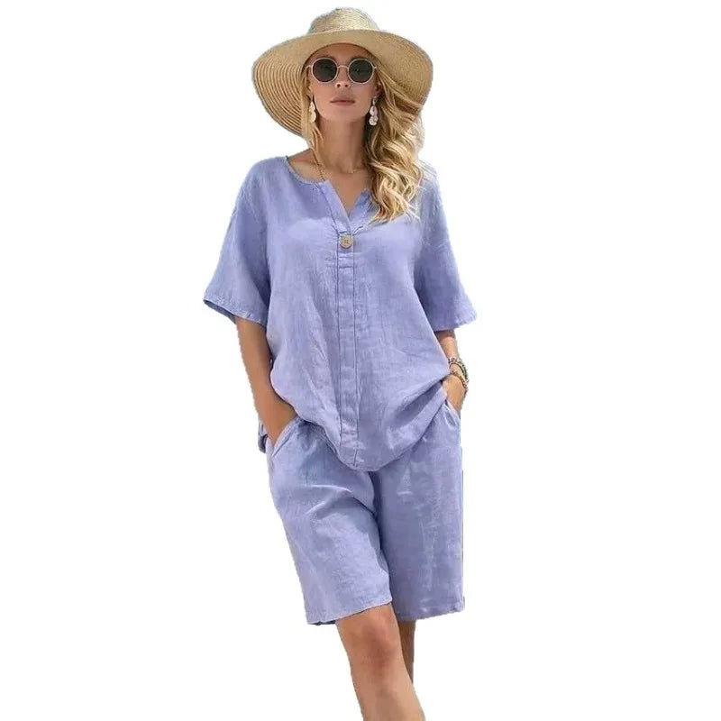 Summer Loose Cotton Linen 2 Piece Set V Neck Short Sleeve Straight Capri Pants Women Beach Vacation Outfit