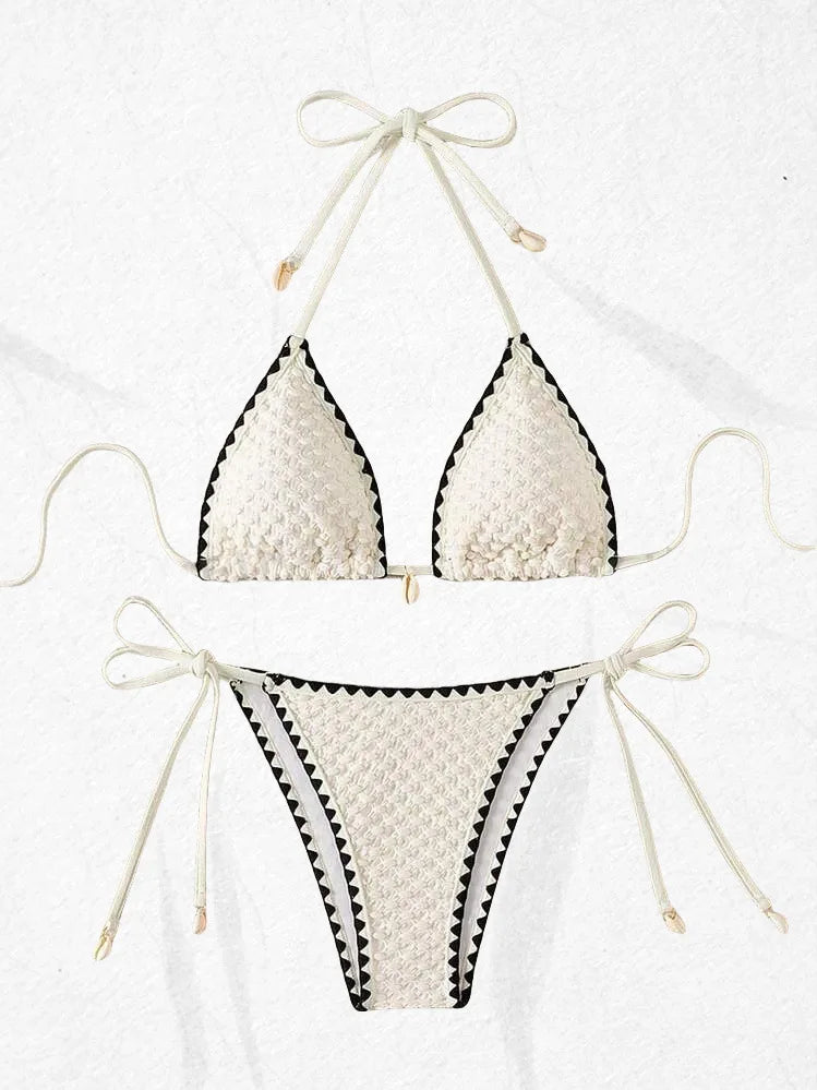 Splicing Wrinkled Pleated Bikinis Set Women Swimwear Two-pieces Bikini Tie Side Thong Bathing Suit Swim Biquine Купальник