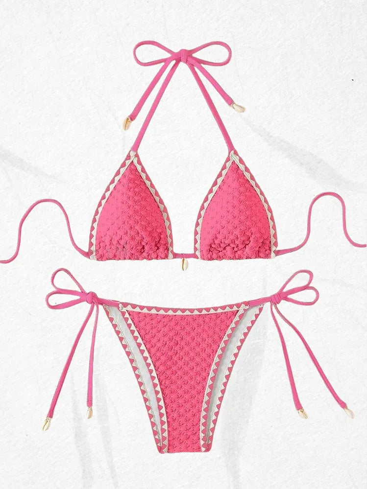 Splicing Wrinkled Pleated Bikinis Set Women Swimwear Two-pieces Bikini Tie Side Thong Bathing Suit Swim Biquine Купальник