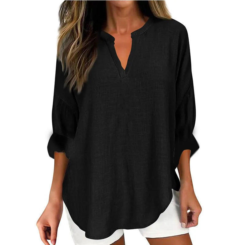 2026 Spring Cotton Linen Women Blouses Solid V-neck Long Sleeve Loose Shirt Female Spring Elegant Casual Trendy Ladies Clothes