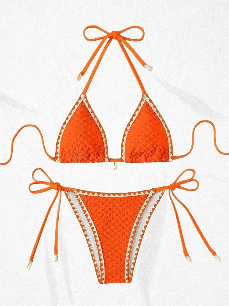 Splicing Wrinkled Pleated Bikinis Set Women Swimwear Two-pieces Bikini Tie Side Thong Bathing Suit Swim Biquine Купальник